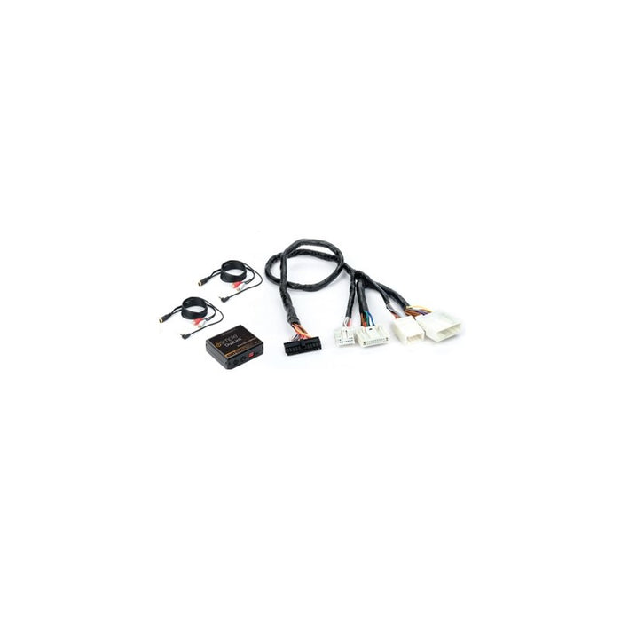 A black DuaLink kit for Nissan and Infiniti vehicles, including a control module and cables with RCA and 3.5mm connectors.