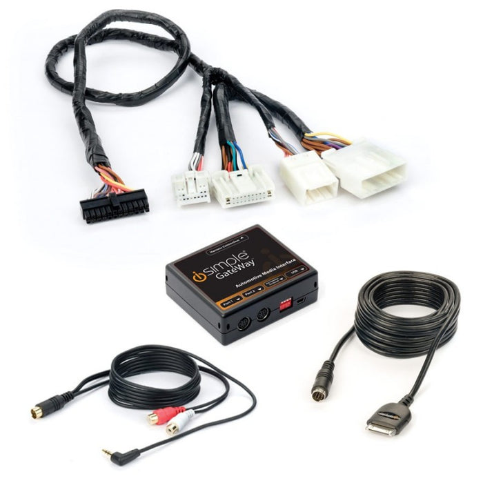 The image shows a black iSimple GateWay Kit which includes a box-like device with various connectors and cables: an iPod cable, auxiliary input cable, and vehicle harness.