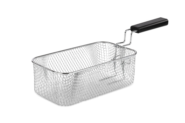 Die Unold Kaltzonen-Fritteuse โFridaโ ist ein rechteckiger Frittierkorb aus Metalldraht mit einem langen schwarzen Griff, der zum Frittieren von Lebensmitteln konzipiert ist. Das Produkt wird leer vor einem weiรen Hintergrund gezeigt.