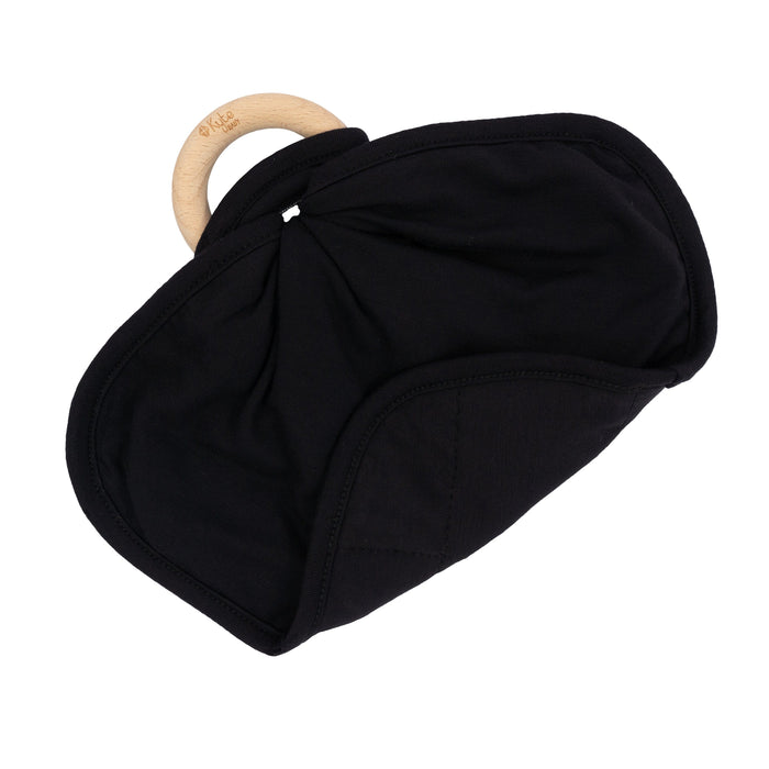 Lovey in Midnight with Removable Wooden Teething Ring and lower corner folded upwards