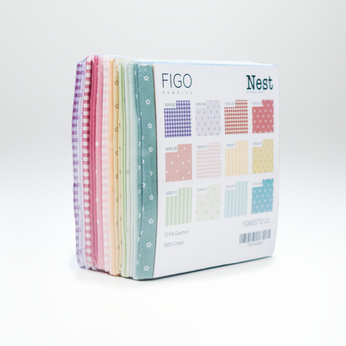 Pack of fabric swatches with 'FIGO' and 'Nest' branding on a white background