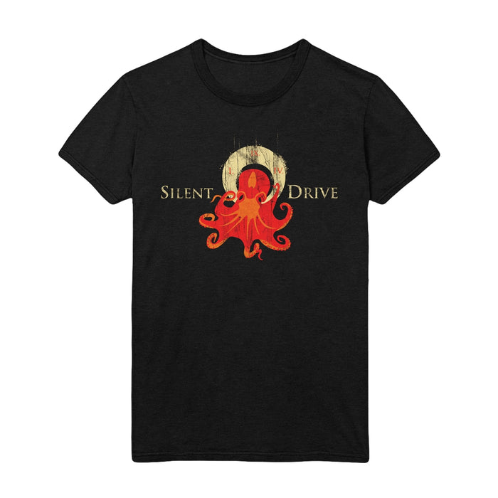 Black T-shirt with a red/orange octopus on it. Text next to the octopus reads Silent Drive.