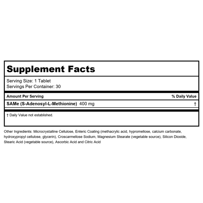 Protocol For Life Balance SAMe 400mg 60 Tablets - Supplement Facts panel