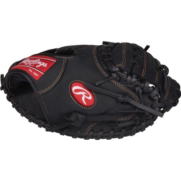 The Rawlings Renegade 32.5" Catcher's Mitt (RCM325B) features black leather, brown stitching and laces, a red Rawlings patch, and a white side logo—perfect for catchers wanting style and top performance.