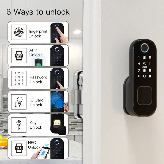 Black smart door lock with multiple unlocking methods.