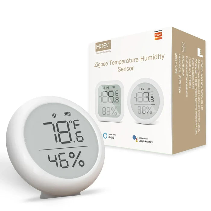 White digital temperature and humidity sensor.
