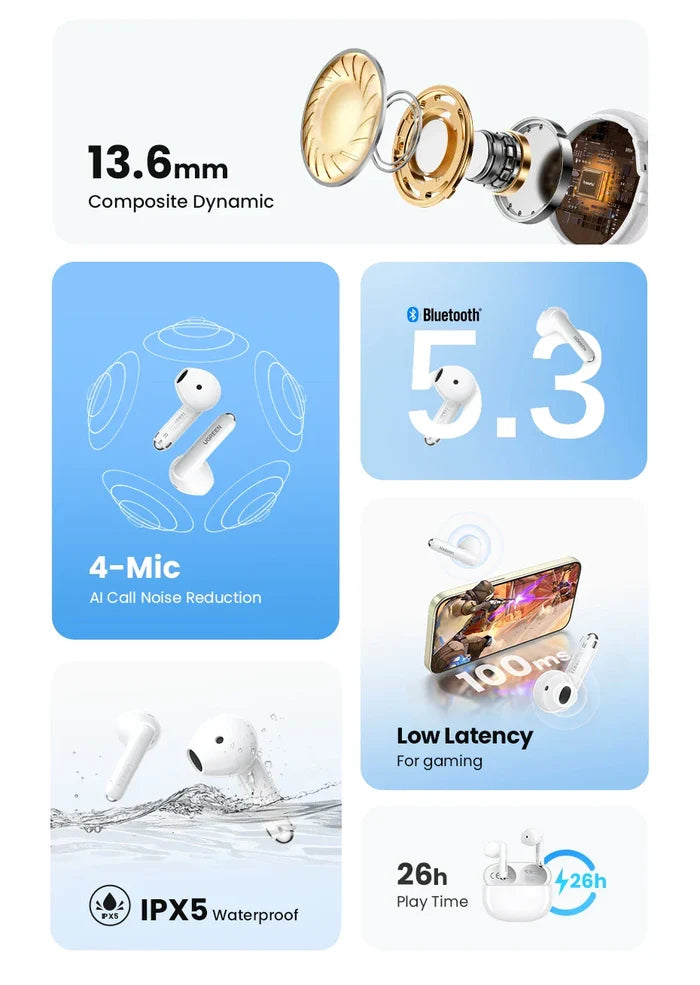 Wireless earbuds product features.