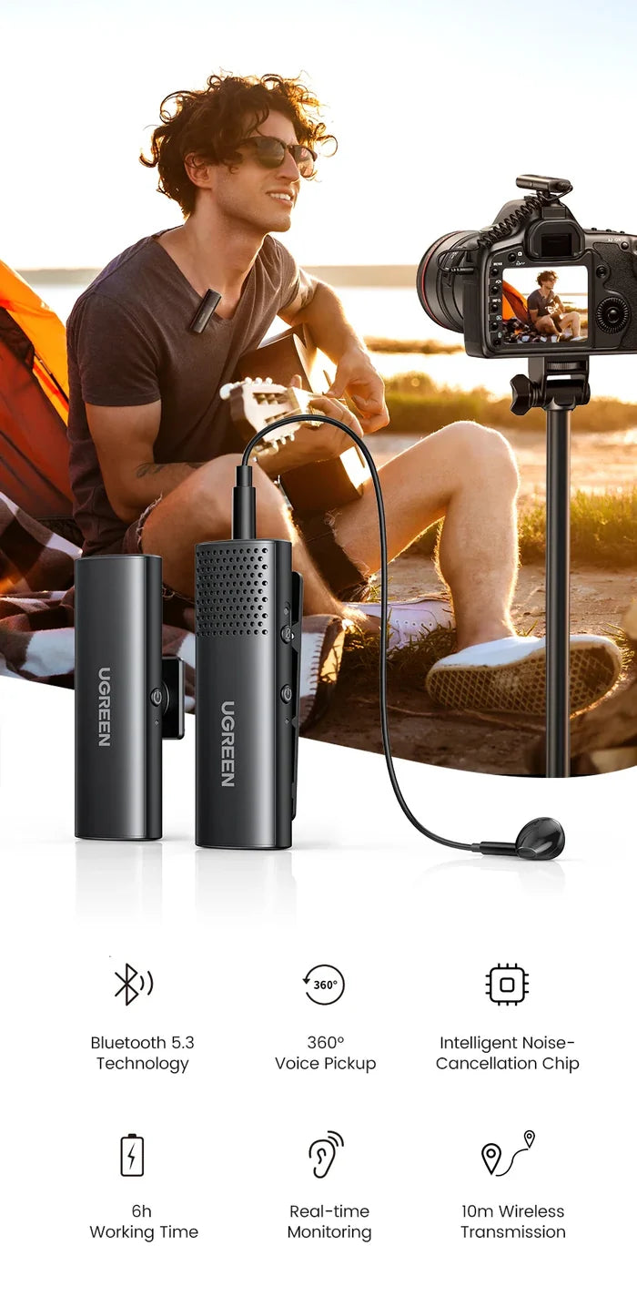 Wireless microphone system with transmitter, receiver, and accessories shown alongside a person filming outdoors.