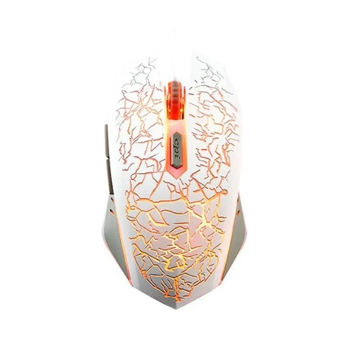 Gaming mouse with a cracked pattern design illuminated by orange LED lighting.