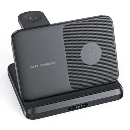 Fast charging wireless charging pad with multiple device support and a 3-in-1 design.