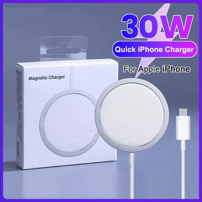 Circular magnetic wireless charger for iPhones with its packaging.