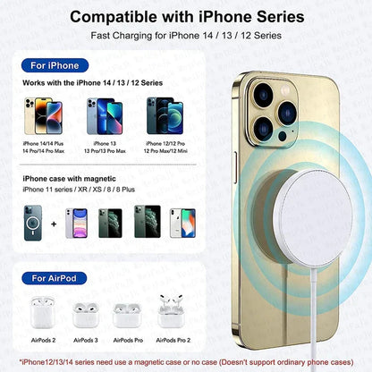 Gold iPhone with a circular magnetic charging attachment on its back.