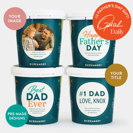 Photo of 4 Father's Day Ice cream pints from Father's Day collection. Label options include: your image, premade designs, or your title. #2 Father's Day Gift as listed on Oprah Daily.
