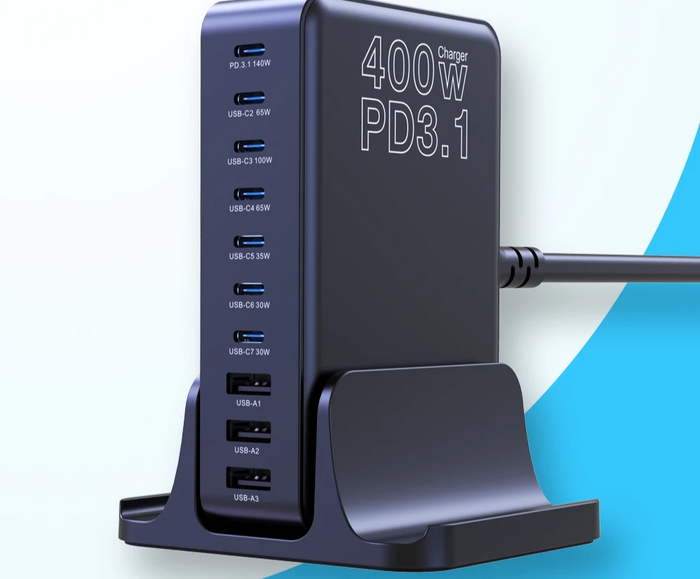 400W PD3.1 multi-port USB charging station with various USB-C and USB-A ports.