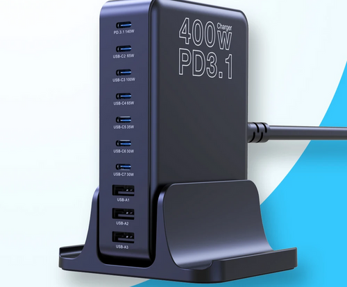 400W PD3.1 multi-port USB charging station with various USB-C and USB-A ports.