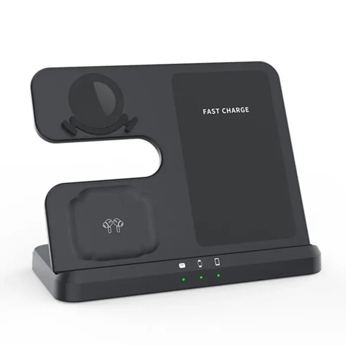Wireless charging station with multiple device slots and ’Fast Charge’ label.