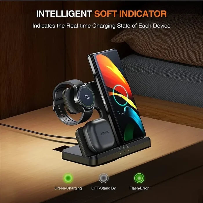 Multi-device charging station with indicators for real-time charging status.