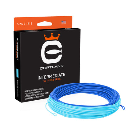 Intermediate 50+ Series Fly Line Box and Coil. The coil is deep blue and sky blue. The box has the Cortland Logo and is black and orange.