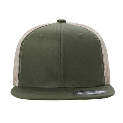 6-Panel Trucker Hat, Blank Flat Bill Mesh Cap: Olive/Khaki