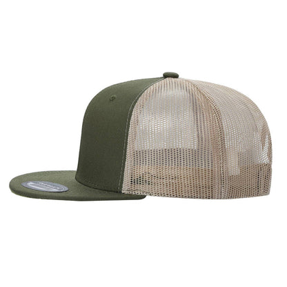 6-Panel Trucker Hat, Blank Flat Bill Mesh Cap: Olive/Khaki