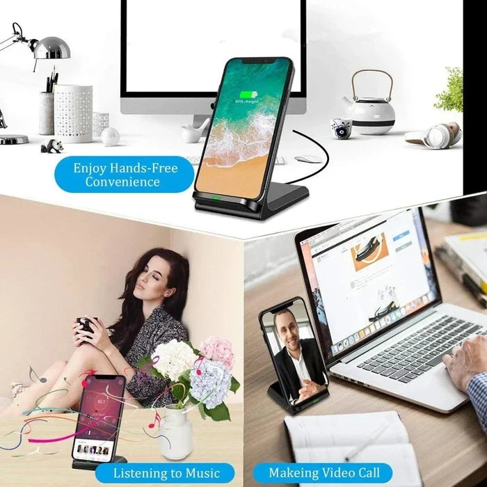 Wireless charging stand for smartphones with multiple usage scenarios depicted.