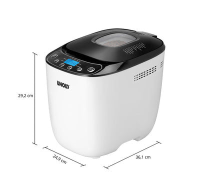 Der Unold AG 680101 Backmeister Design (B-Ware) ist ein weißer Brotbackautomat mit schwarzem Deckel, Bedienfeld, Display und Sichtfenster. Er ist 29,2 cm hoch, 24,9 cm breit und 36,1 cm tief.