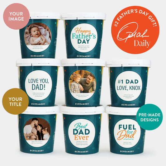 Photo of 8 Father's Day Ice cream pints from Father's Day collection. Label options include: your image, premade designs, or your title. #2 Father's Day Gift as listed on Oprah Daily.