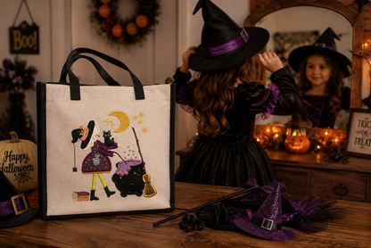 A Halloween-themed canvas tote bag with embroidered witch illustrations stands on a wooden table in a decorated room, with a child in a witch costume adjusting a witch hat in the background.