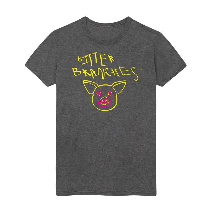 Grey short sleeve shirt with BITTER BRANCHES written in messy yellow font. Pig drawn in yellow below the lettering. X's drawn over the eyes in pink and lipstick drawn on pig in pink.