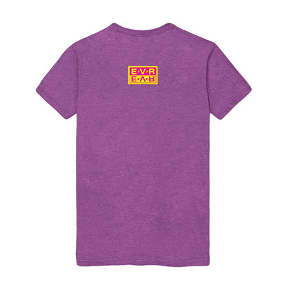 Back of purple tshirt, small yellow box near the neck of the shirt that says EVR in yellow text over a rectangle with the reverse right below, this time with the EVR letters in pink ink in a yellow rectangled. All outlined by a thin pink line and a thicker yellow outline.