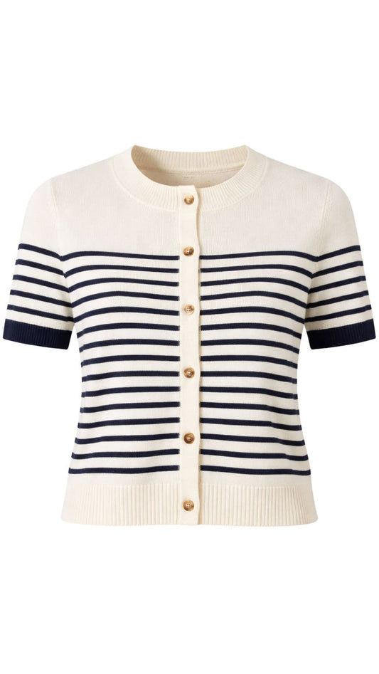 Anne Short Sleeve Stripe Cardigan-Sweaters-Uniquities