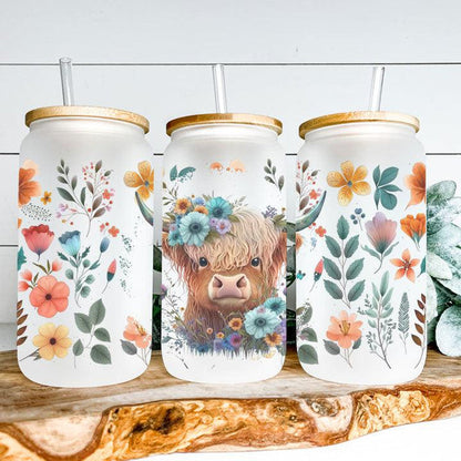 16 oz Libby Glass Can Tumbler featuring an adorable baby Highland cow with flowers, cute gift for animal lovers
