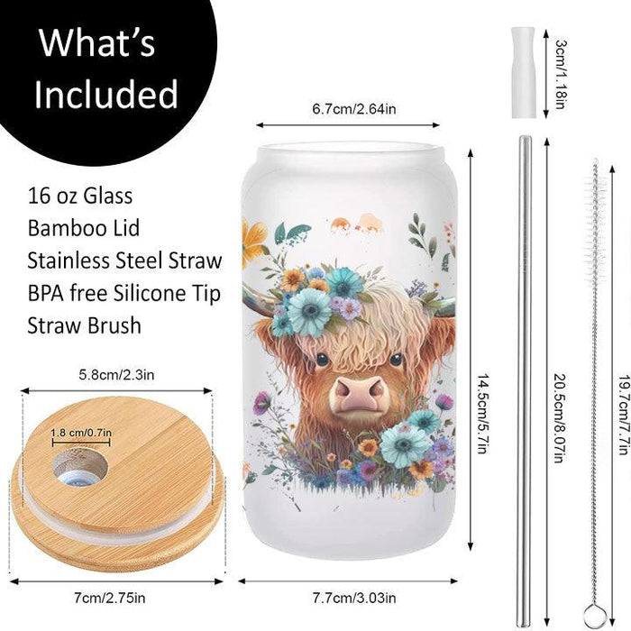 Baby Highland cow with flowers on 16 oz Libby Glass Can Tumbler, cute gift for animal enthusiasts.