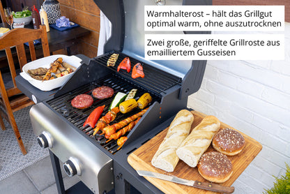 Der Unold Barbecue Grill-Wagen Buddy grillt Burger, Würstchen, Gemüse und Spieße, mit Brot und Brötchen auf dem Beistelltisch. Der deutsche Text hebt die Funktionen des Grills hervor.