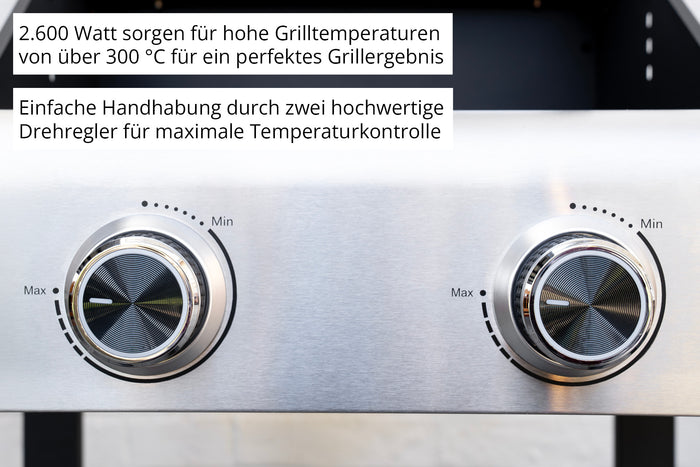 Nahaufnahme von zwei metallischen Temperaturreglern auf dem Unold Barbecue Grill-Wagen Buddy, beschriftet mit Min und Max. Der deutsche Text hebt die hohen Grilltemperaturen und die einfache Bedienung mit den hochwertigen Drehreglern hervor.