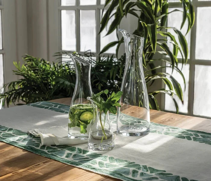 Medium Simon Pearce Barre Carafe with a sleek glass design, ideal for serving water or wine in elegant home settings.