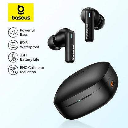 Pair of black wireless earbuds with their charging case.