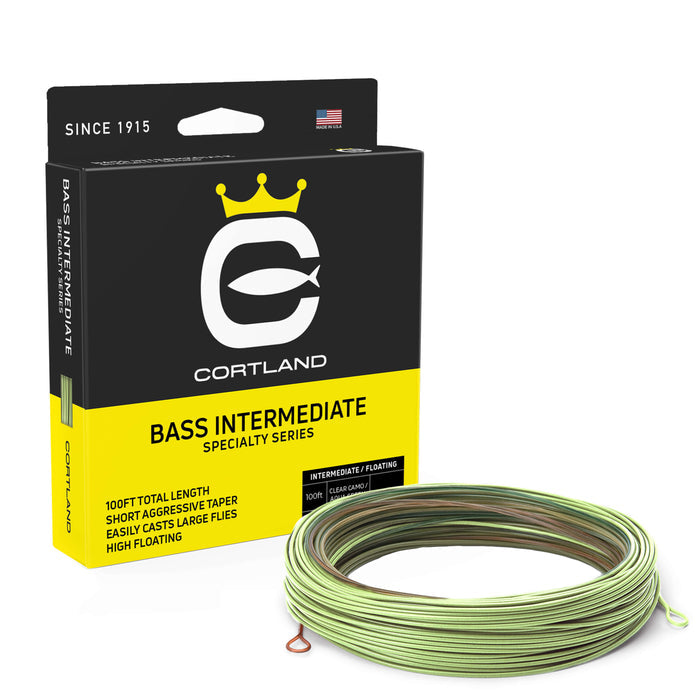 Bass Intermediate Specialty Series Fly Line Box and coil. The coil is clear camo and aqua green. The box has the Cortland logo and is black and yellow.