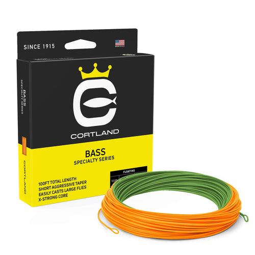 Bass Specialty Series Fly Line Box and Coil. The coil is lilly green and hot orange. The box has the Cortland logo and is black and yellow.