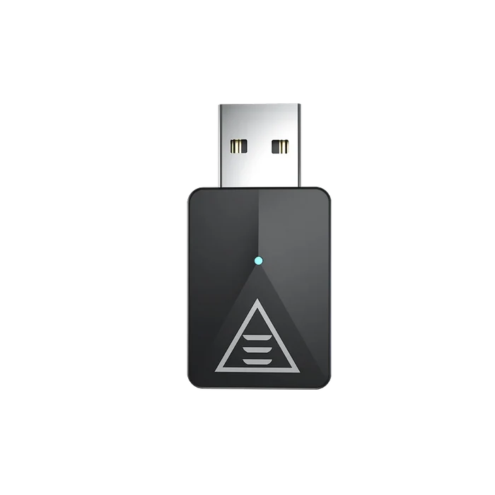 USB wireless adapter with a triangular logo and small blue indicator light.