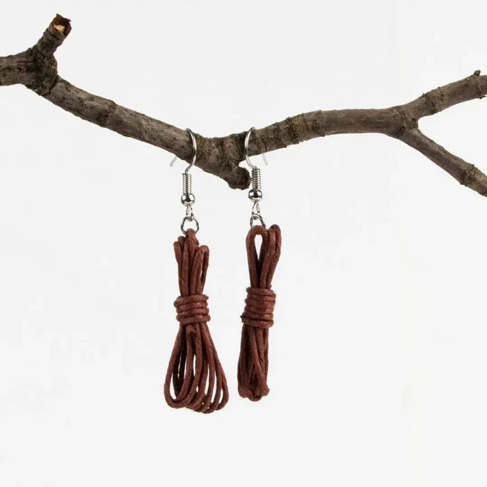 Agreeable Agony Bondage Rope Earrings - Handmade Hemp Cord Statement Jewelry Brown