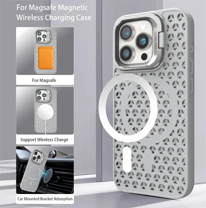 Magnetic wireless charging case for a smartphone with a triangular pattern design and integrated MagSafe ring.