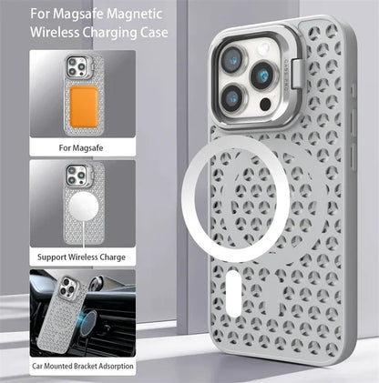 Magnetic wireless charging case for a smartphone with a triangular pattern design and integrated MagSafe ring.