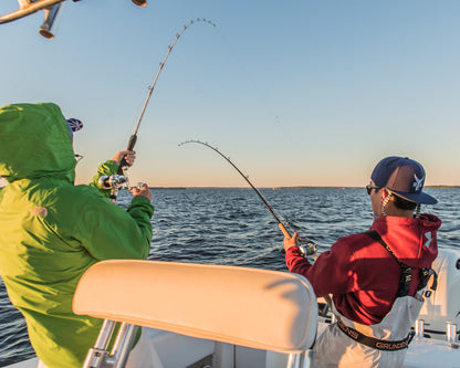 Two people fishing on a boat with a clear sky and water background