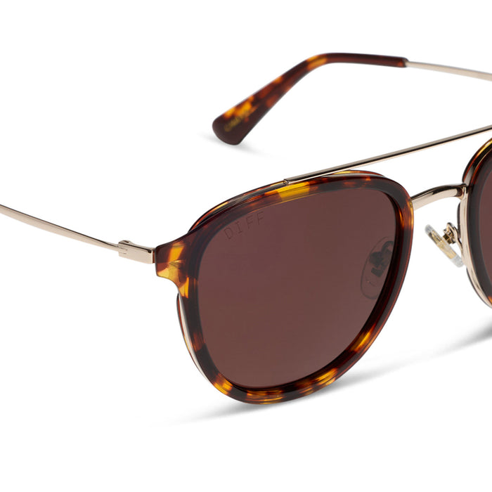 diff eyewear featuring the camden aviator sunglasses with a rich tortoise frame and brown polarized lenses detailed view