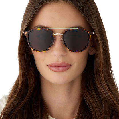 on model - female wearing diff eyewear featuring the camden aviator sunglasses with a rich tortoise frame and brown polarized lenses front view