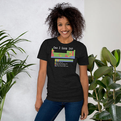 Periodic table graphic tee asking Can I Lick It with safe vs toxic elements
