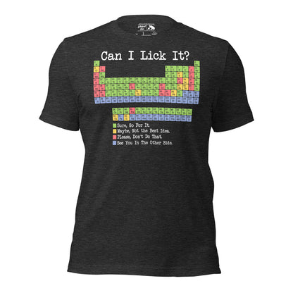 Graphic tee for science teachers showing periodic table with humor