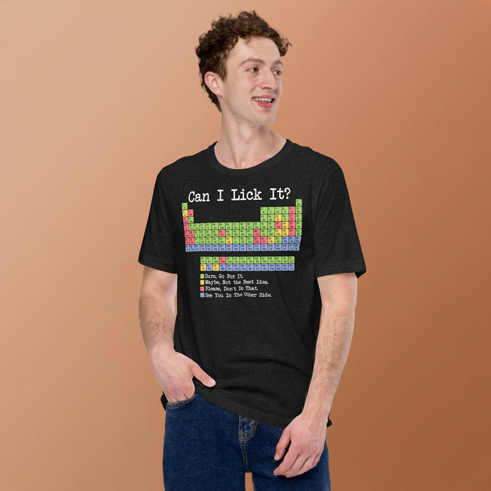 Nerdy teacher shirt with Can I Lick It periodic table joke