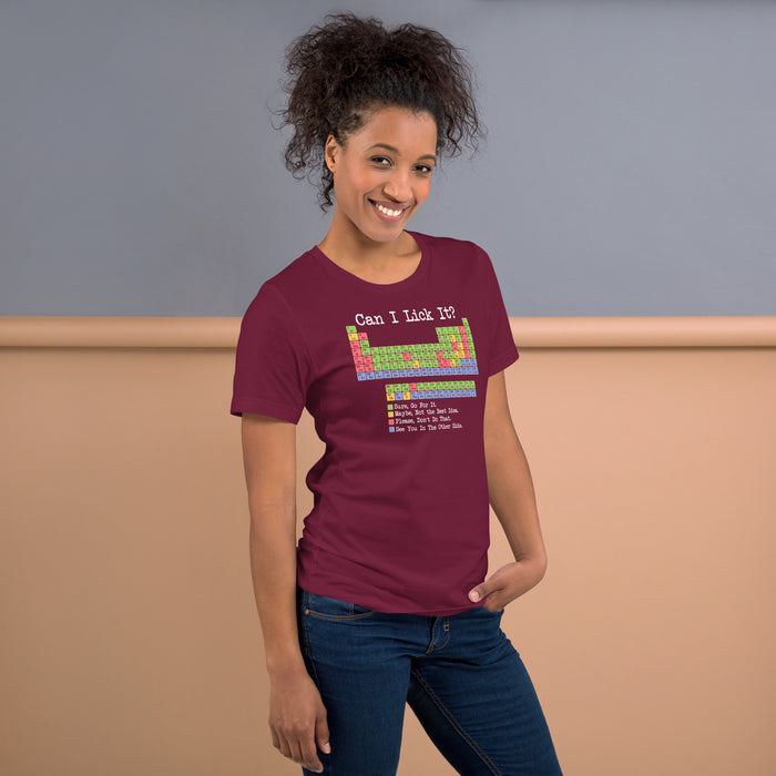 Chemistry shirt for educators featuring toxic vs lickable elements